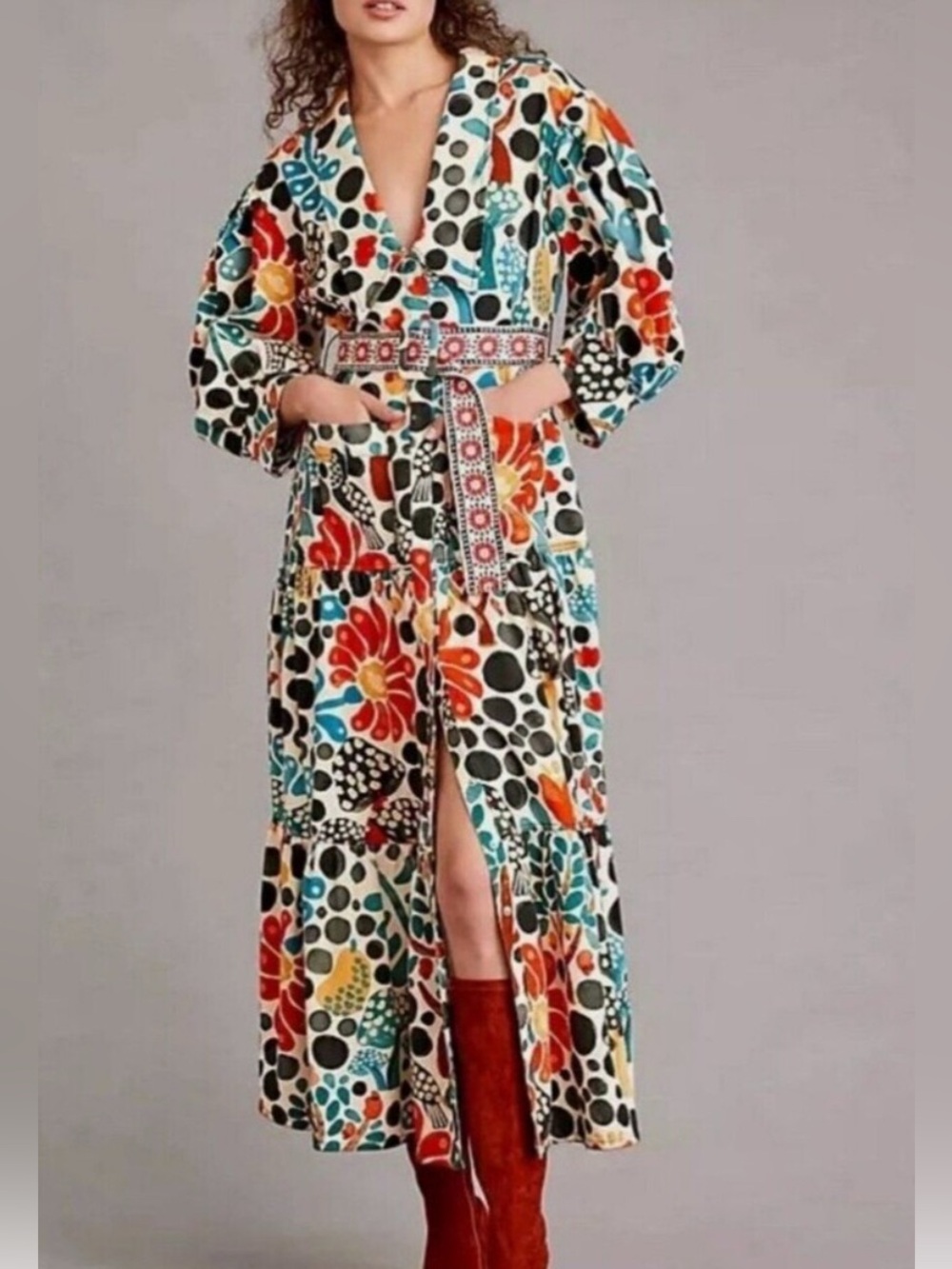 FARM Rio 100% Cotton mushroom forest Tiered Shirt Dress L Colorful Print